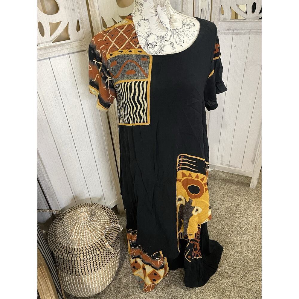 Vintage Eastern Sun Tribal Maxi Dress Womens XS Oversized Art-to-wear Boho